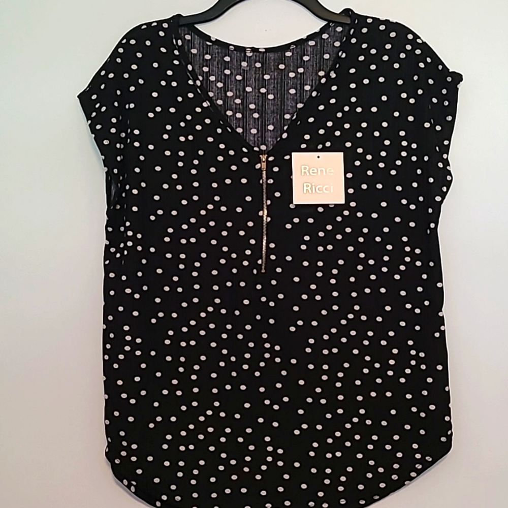 NWT Renee Ricci black with polka-dots zip front blouse Sz L